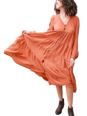 Boho Tiered Button-Front Midi Dress in Terra Cotta